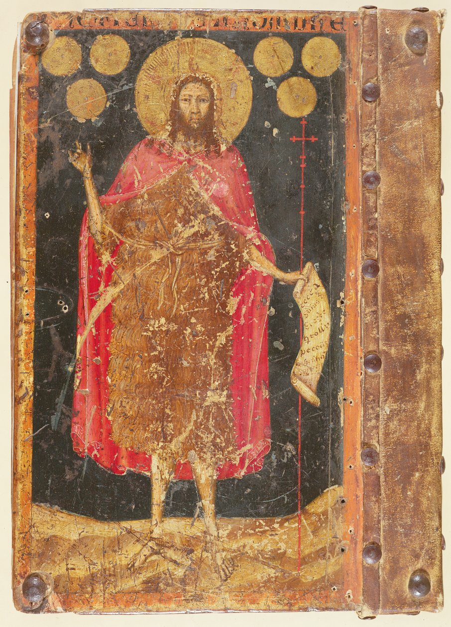 Keresztelő Szent János aranyflórinokkal, a Coiners Guild of Constitutions and Statutes címlapjáról, 1380 körül alkotó: Unbekannt Unbekannt