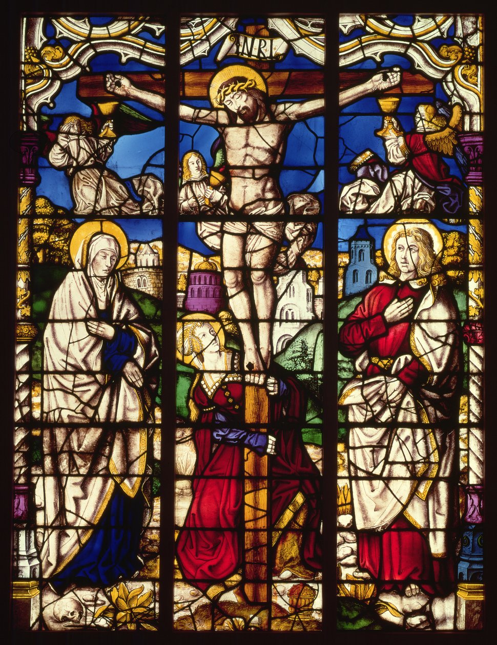 A keresztre feszítés, ólomüveg ablak, valószínűleg a Köln melletti Altenbergi apátságból származik, talán a Szent rokonok Mestereként ismert festő tervezte, 1500 körül alkotó: Unbekannt Unbekannt
