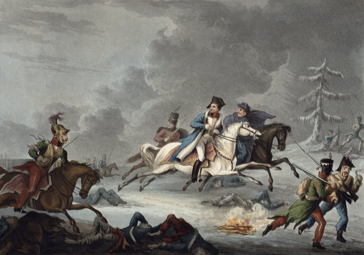 Bonaparte menekülése a krasznoji csatából, William Heath, megjelent 1815. április 1-jén (színes akvatinta) alkotó: Unbekannt Unbekannt