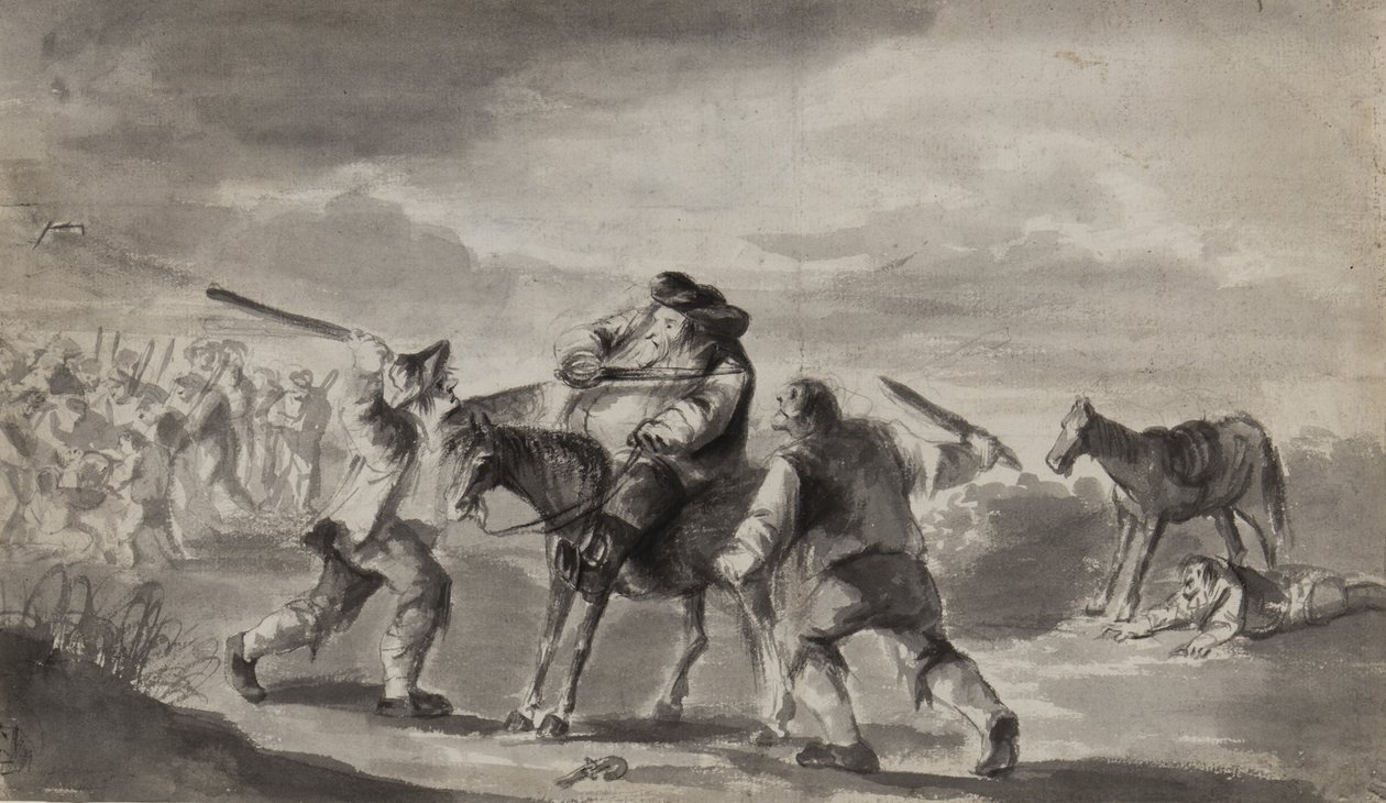Utazót megtámadtak, valószínűleg Samuel Butler Hudibrasát, 1790 körül (toll, ecset és tinta papíron) alkotó: Unbekannt Unbekannt