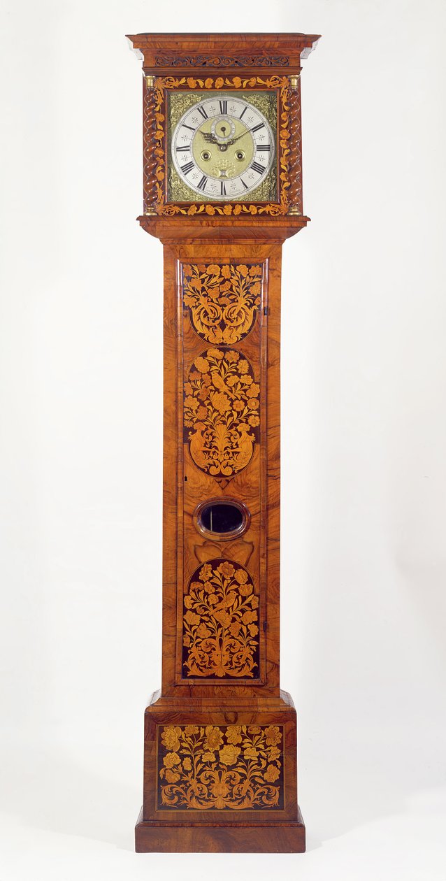 Diófa panel intarziás, hosszú tokos óra, James Clowes (fl.1671-89) alkotó: Unbekannt Unbekannt