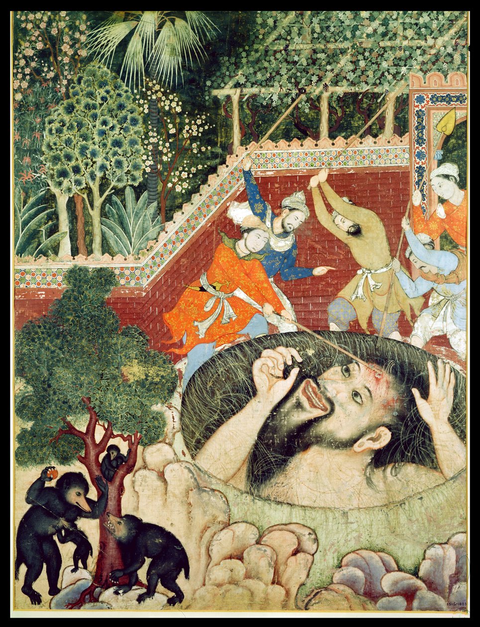 Zumrud Shah egy gödörbe esik, és a kertészek megverik, a Hamzanama-ból (Hamza könyve), Indiából vagy Pakisztánból, 1562-77 körül (átlátszatlan wc pamuton) alkotó: Unbekannt Unbekannt