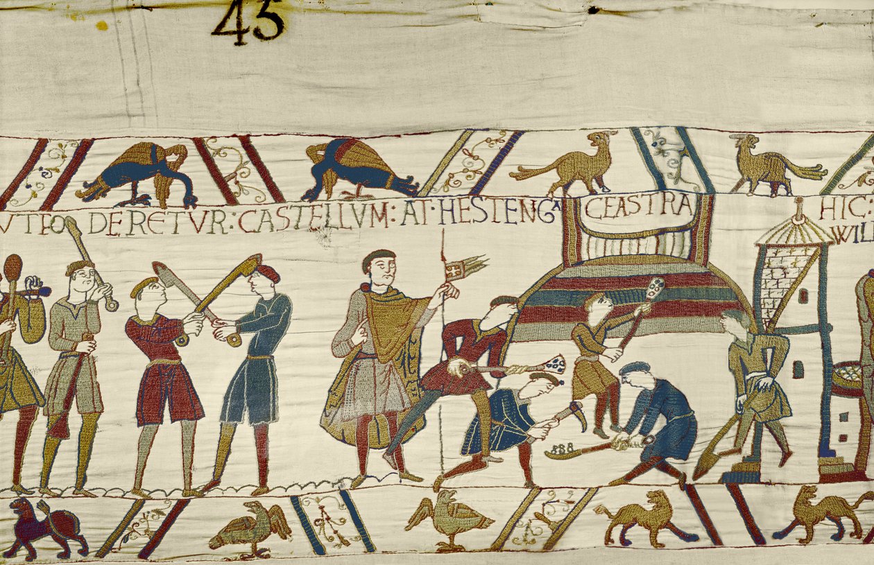 A normannok erődítményeket építenek Hastingsben, Bayeux Tapestryben alkotó: Unbekannt Unbekannt