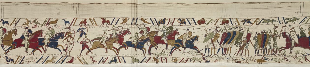A normann lovasság megtámadja az angol pajzsfalat, és csatlakozik a csatához, Bayeux Tapestry alkotó: Unbekannt Unbekannt
