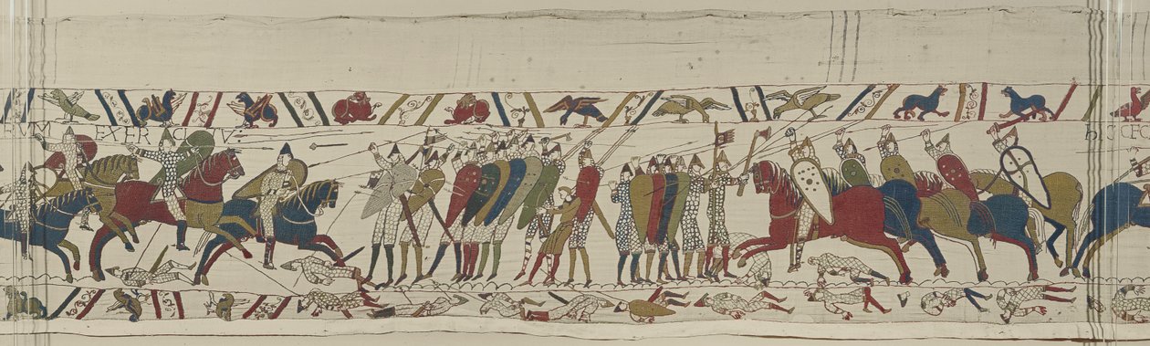 A normann lovasság megtámadja az angol pajzsfalat, és csatlakozik a csatához, Bayeux Tapestry alkotó: Unbekannt Unbekannt