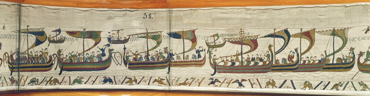 A normann inváziós flotta átkel a Bayeux Tapestry csatornán alkotó: Unbekannt Unbekannt