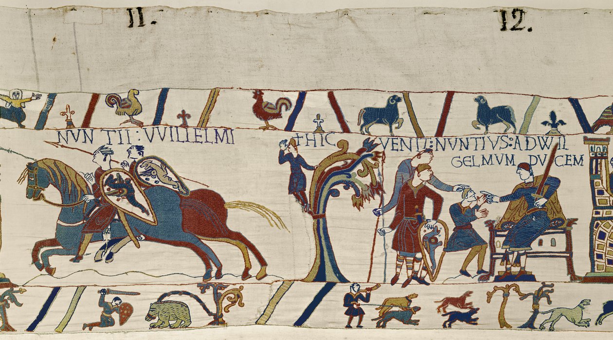 Vilmos herceg fegyveres lovasai érkeznek, hogy elkísérjék Haroldot hozzá, Bayeux Tapestry-hez alkotó: Unbekannt Unbekannt