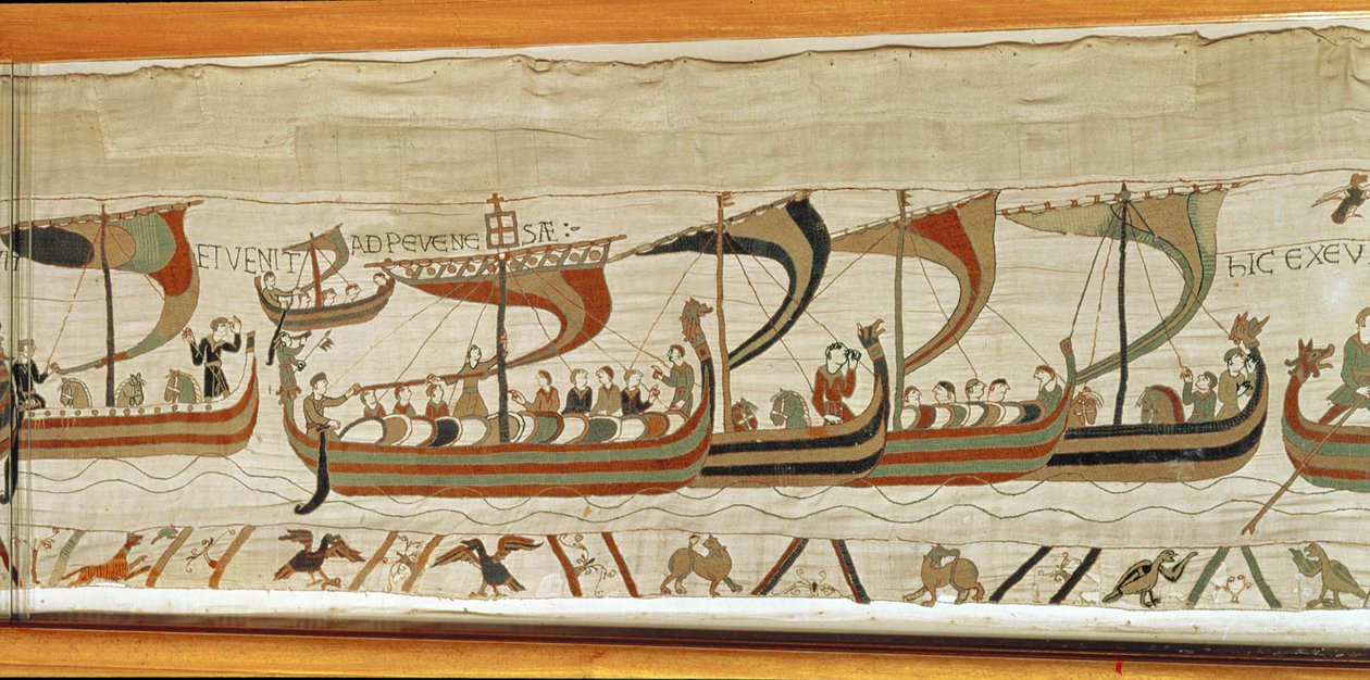 Vilmos herceg és a normann inváziós flotta átkel a csatornán, a Bayeux Tapestry-n alkotó: Unbekannt Unbekannt