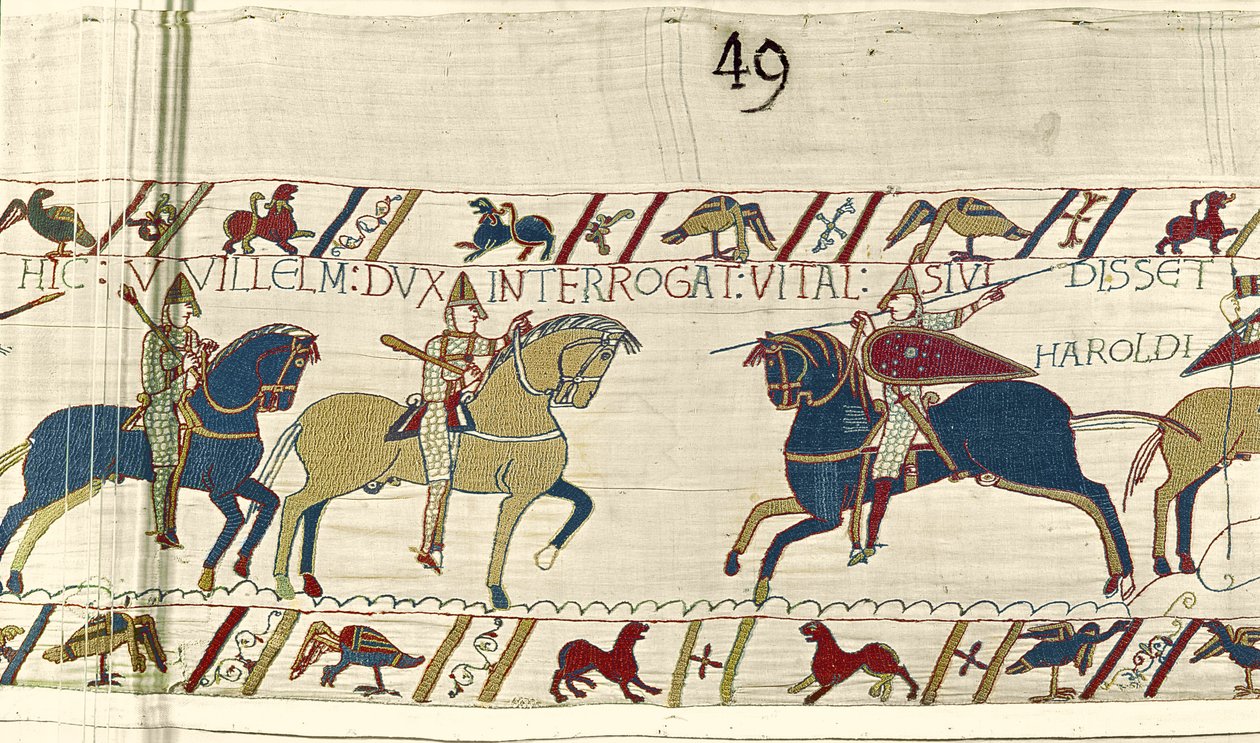 Vilmos herceg megkérdezi Vitalt, hogy látta-e Harold seregét, a Bayeux Tapestry-t alkotó: Unbekannt Unbekannt