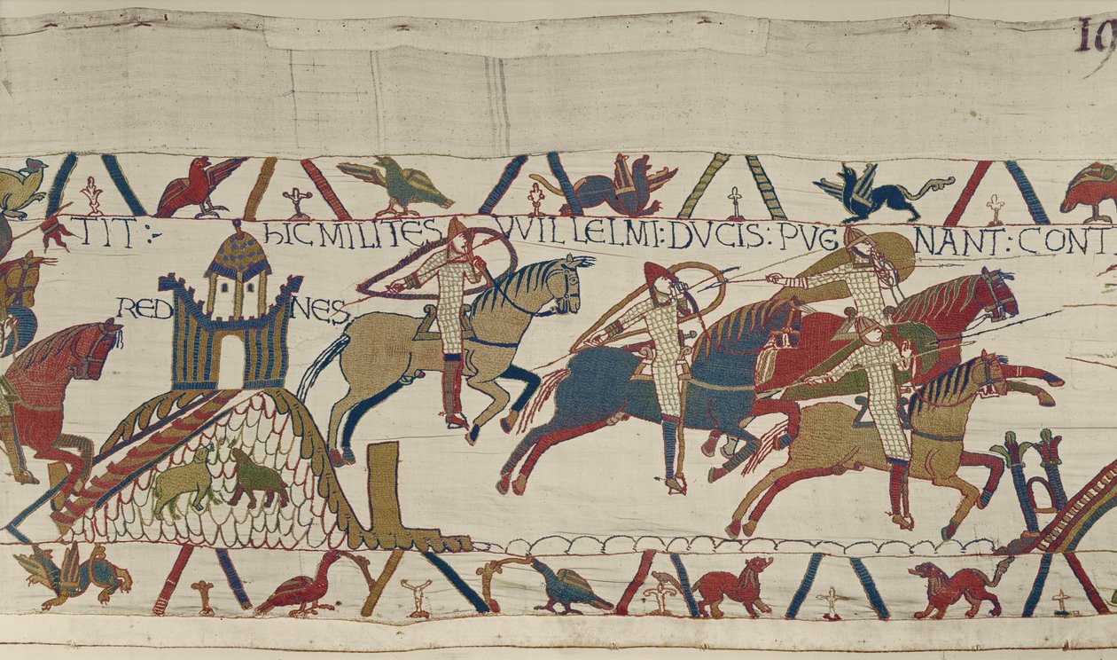 Vilmos herceg katonái Rennes mellett ellovagolnak Conan Bretagne-i herceg nyomában, Bayeux gobelin alkotó: Unbekannt Unbekannt