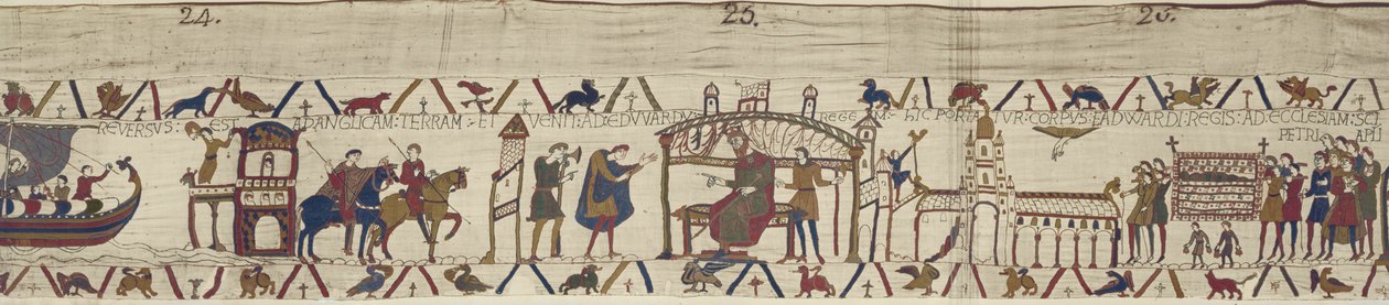 Harold gróf visszatér Angliába, és meglátogatja Hitvalló Edward királyt, akinek holttestét a Szent Péter-templomba, a Bayeux-i kárpitba viszik. alkotó: Unbekannt Unbekannt
