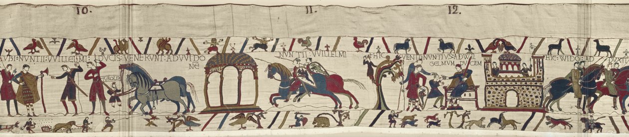 Vilmos herceg követeit Guy grófhoz küldik, és egy üzenettel térnek vissza: Bayeux Tapestry alkotó: Unbekannt Unbekannt