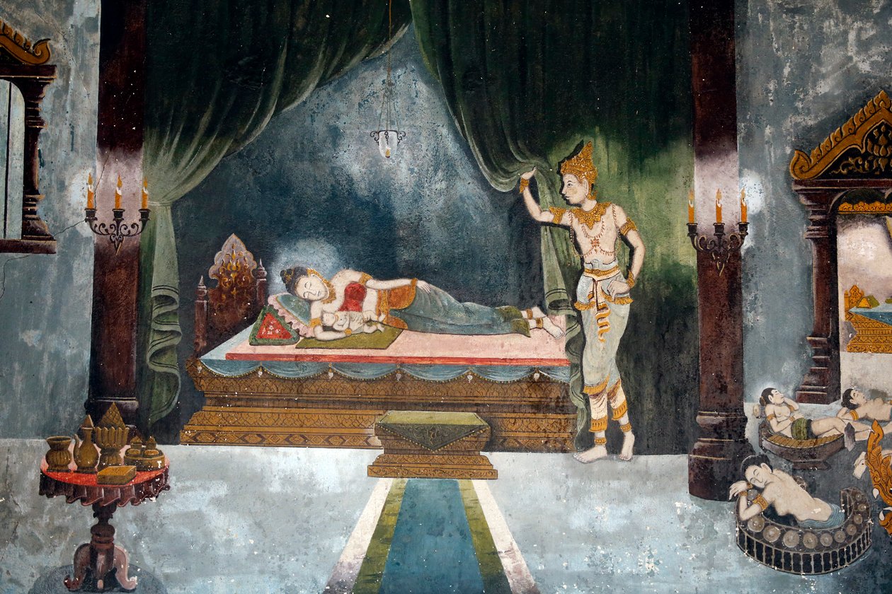 Freskó Buddha életének jelenetét ábrázoló Wat Phra Doi Suthepben, Chiang Mai államban. Buddha, mint Sziddharta herceg elhagyja feleségét és gyermekét. Thaiföld alkotó: Unbekannt Unbekannt