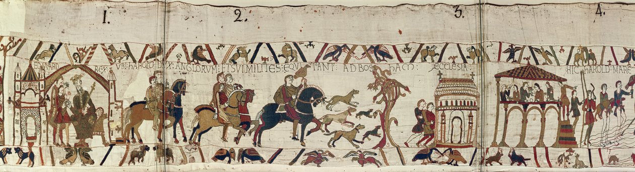 Hitvalló Edward király elküldi Haroldot embereivel Normandiába, Bayeux Tapestry-be alkotó: Unbekannt Unbekannt