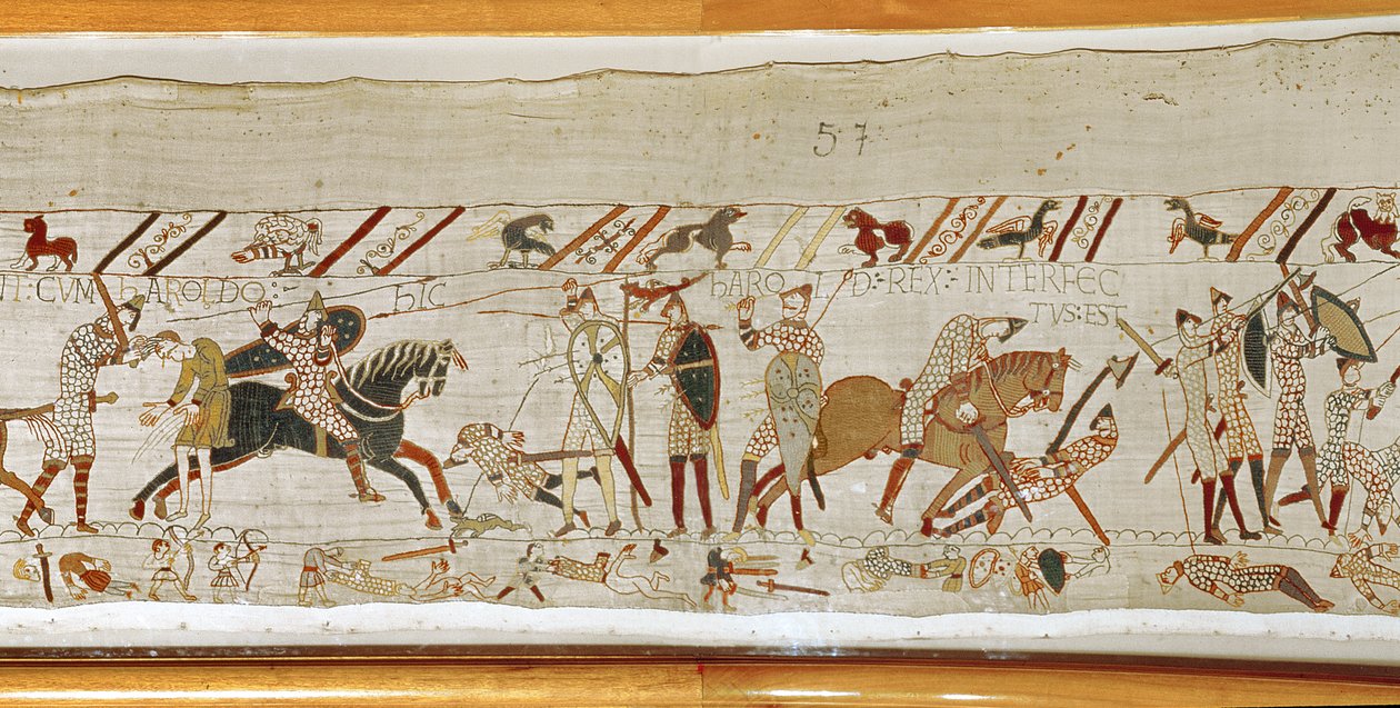 Sokan elesnek a csatában, és Harold királyt megölik, Bayeux Tapestry alkotó: Unbekannt Unbekannt
