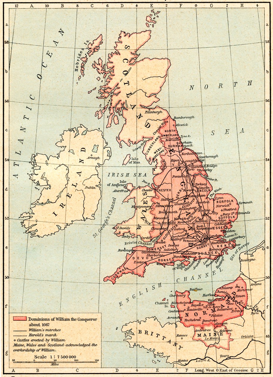 Nagy-Britannia térképe, amely Hódító Vilmos uralmait mutatja, 1087 körül, a Történelmi atlaszból, 1923-ban alkotó: Unbekannt Unbekannt