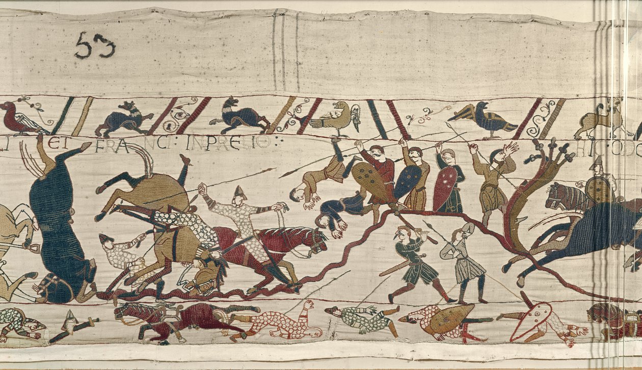 A normannok és az angolok egymás mellett esnek a csatában, Bayeux gobelin alkotó: Unbekannt Unbekannt