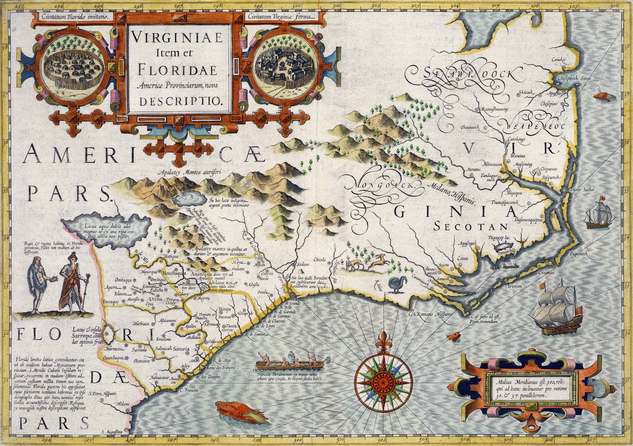 Észak-Karolina, "Virginiae item et Floridae" címmel a Mercator "Atlas..." 1606-os pub. Jodocus Hondius, 1619 alkotó: Unbekannt Unbekannt