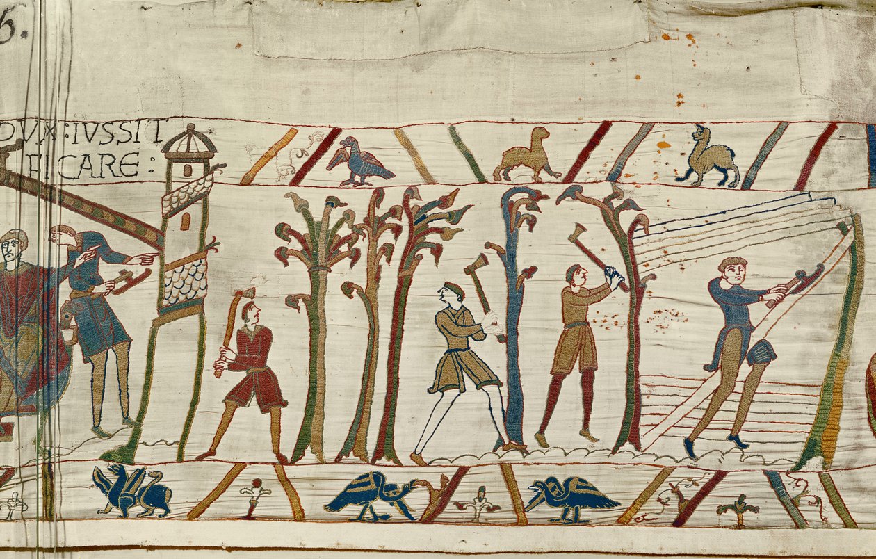 Fákat vágnak ki, hogy hajókat építsenek a normann flotta, a Bayeux Tapestry számára alkotó: Unbekannt Unbekannt