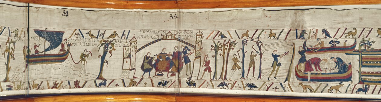 Amikor Vilmos herceg hall Harold megkoronázásáról, elrendeli, hogy hajókat építsenek az invázióra készülve, Bayeux Tapestry alkotó: Unbekannt Unbekannt