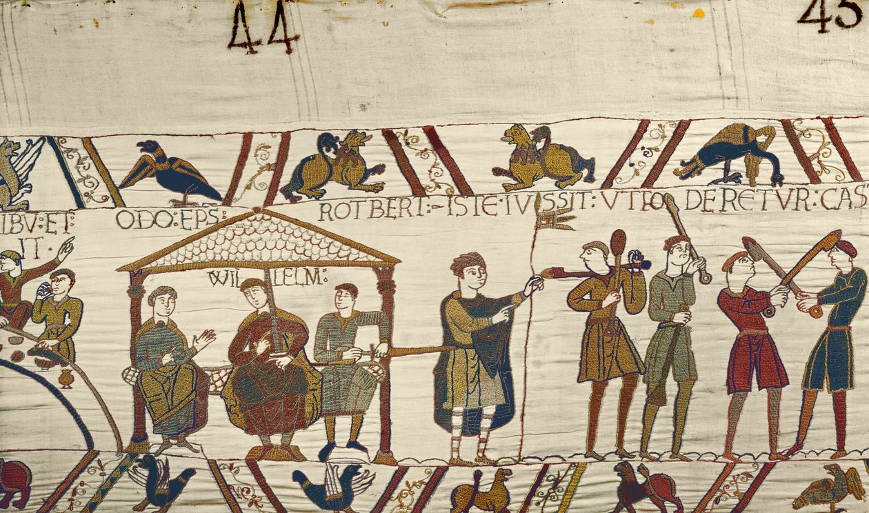 William, Robert de Mortainnel és Odo püspökkel elrendeli, hogy erődítményeket építsenek Hastingsben, a Bayeux-i kárpitban alkotó: Unbekannt Unbekannt