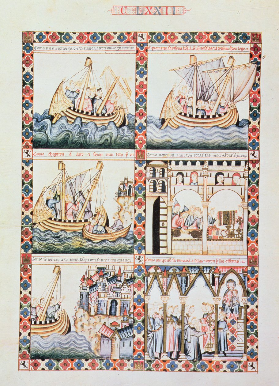 102-0625868/1 A Journey to Acre, illusztrációk a Cantiga 172-hez, a Szűz csodáit elbeszélő 420 zenei kompozíció egyikéhez, galíciai X. Alfonso „a Bölcs” számára (1221-84) (vellum) alkotó: Unbekannter Künstler