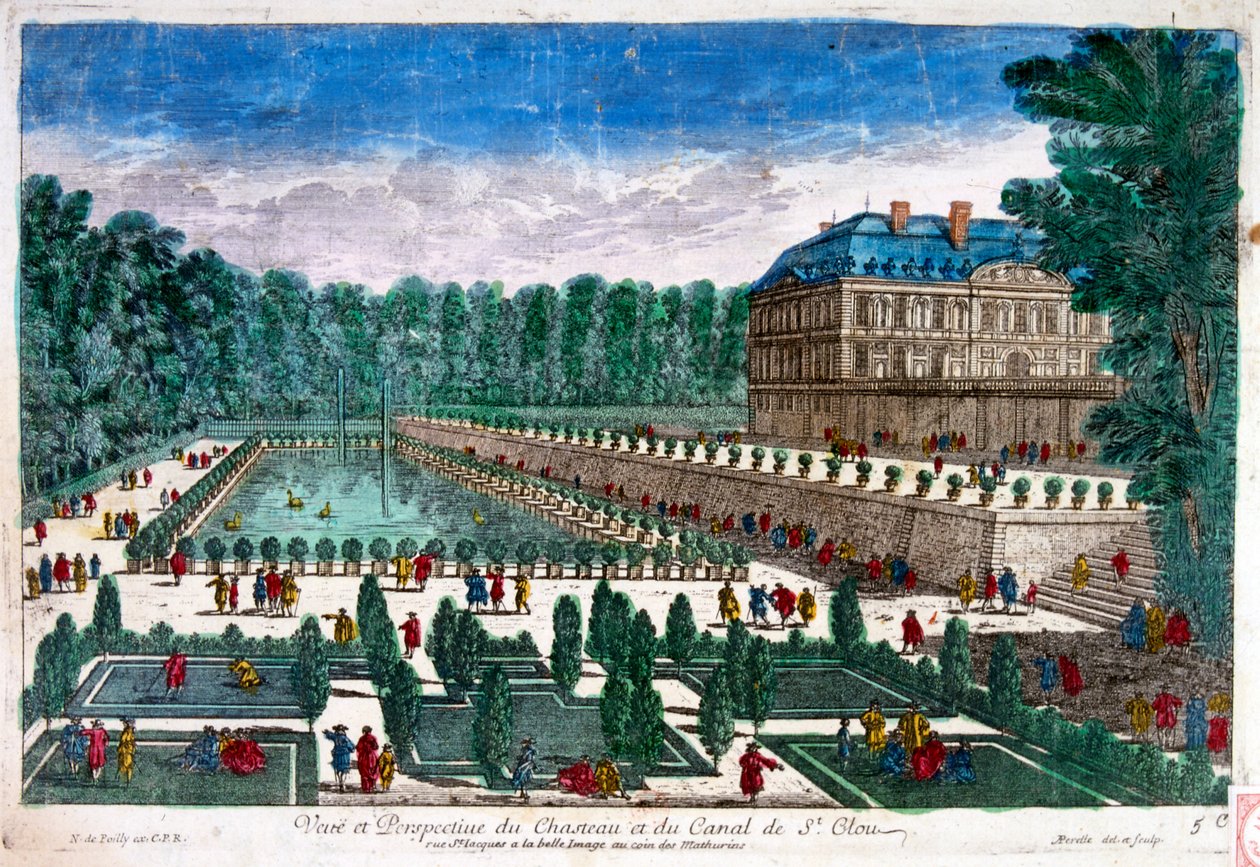 18. század, Illusztráció, amely a franciaországi Château de Saint-Cloud palotát mutatja Saint-Cloudban, Hauts-de-Seine-ben, Párizstól nyugatra. A kastélyt a 17. században Orléans hercege, Fülöp francia herceg bővítette, majd Marie Antoinet bővítette ki. alkotó: Unbekannter Künstler