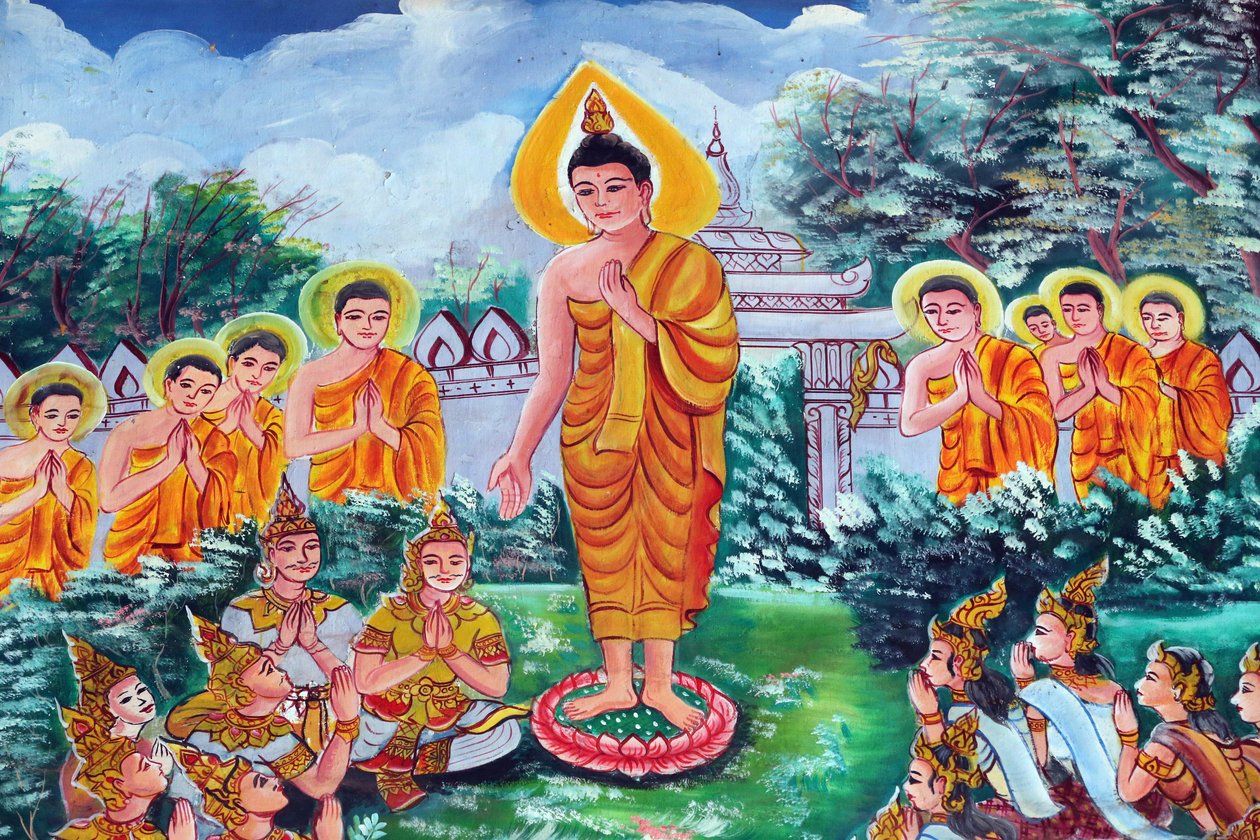20151029, Vientiane, Laosz : Wat Inpeng buddhista templom. Sákjamuni Buddha élettörténetét ábrázoló festmény alkotó: Unbekannt