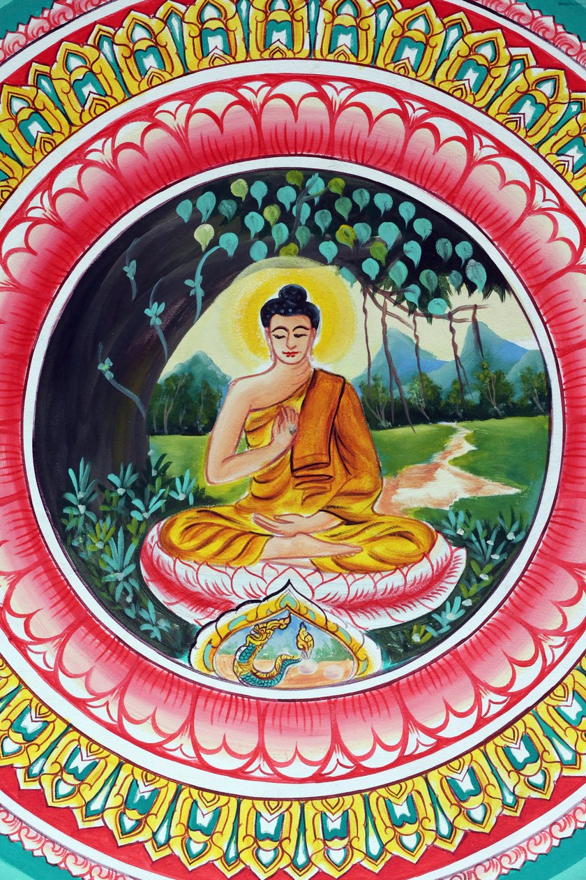 20151029, Vientiane, Laosz : Wat Inpeng buddhista templom. Sákjamuni Buddha élettörténetét ábrázoló festmény. A Tanító Buddha Buddha életének egy adott pillanatát ábrázolja, nevezetesen az első prédikációt, amelyet Buddha a megvilágosodás elérése után tart alkotó: Unbekannt