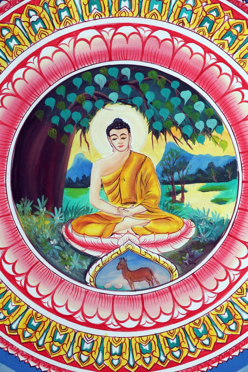 20151029, Vientiane, Laosz : Wat Inpeng buddhista templom. Sákjamuni Buddha élettörténetét ábrázoló festmény. Buddha meditációs pózban ül alkotó: Unbekannt