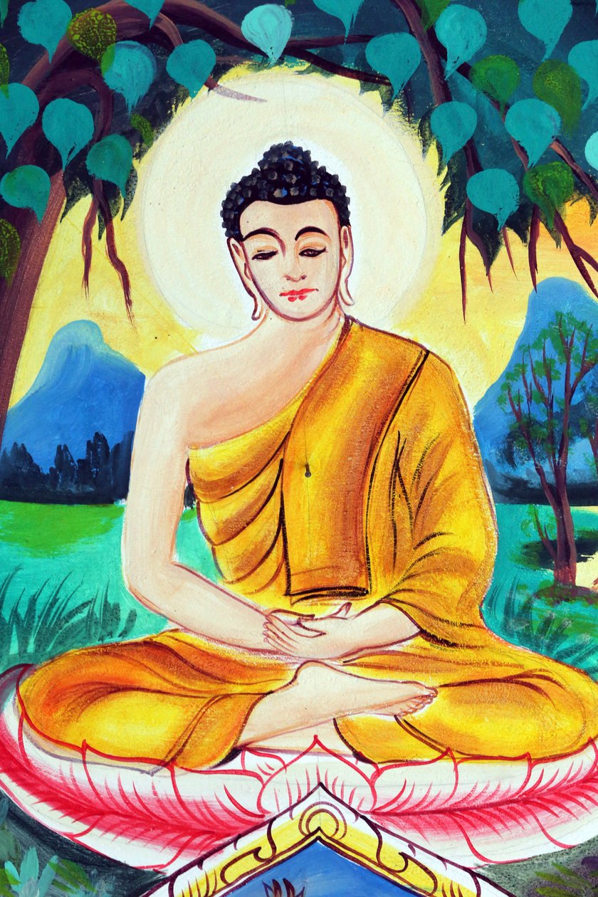 20151029, Vientiane, Laosz : Wat Inpeng buddhista templom. Sákjamuni Buddha élettörténetét ábrázoló festmény. Buddha meditációs pózban ül alkotó: Unbekannt
