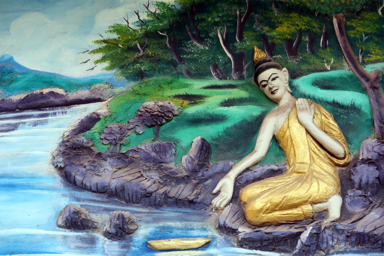 20151029, Vientiane, Laosz : Wat Inpeng buddhista templom. Sákjamuni Buddha élettörténetét ábrázoló festmény. Fürdés a folyóban alkotó: Unbekannt
