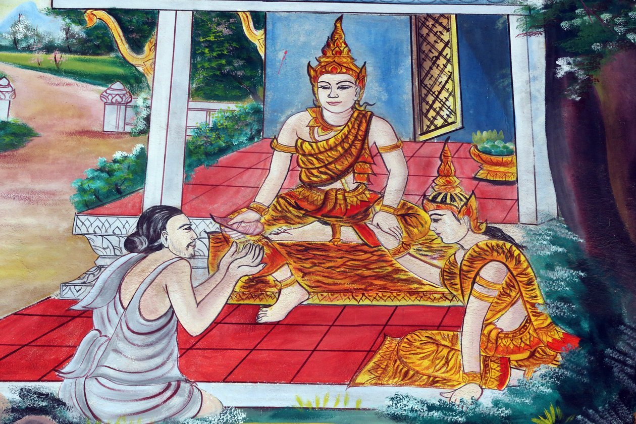 20151029, Vientiane, Laosz : Wat Inpeng buddhista templom. A Jataka mesék elbeszélések Buddha előző életeiről (vagyis mielőtt utoljára megszületett, hogy Buddhává váljon) alkotó: Unbekannt