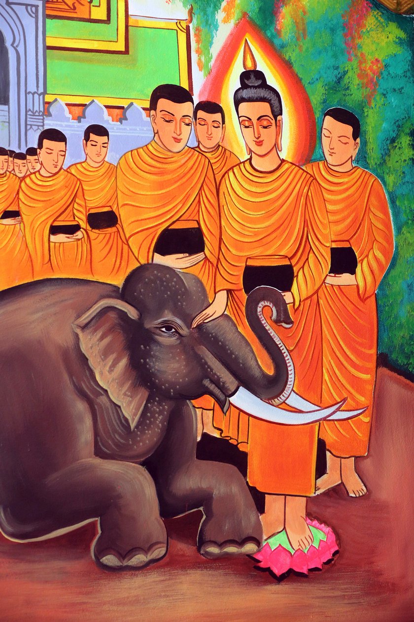 20151029, Vientiane, Laosz: Wat Si Muang (Simuong) buddhista templom. Sákjamuni Buddha élettörténetét ábrázoló festmény. Egy vad elefánt, akit szerető kedvesség szelídít meg alkotó: Unbekannt
