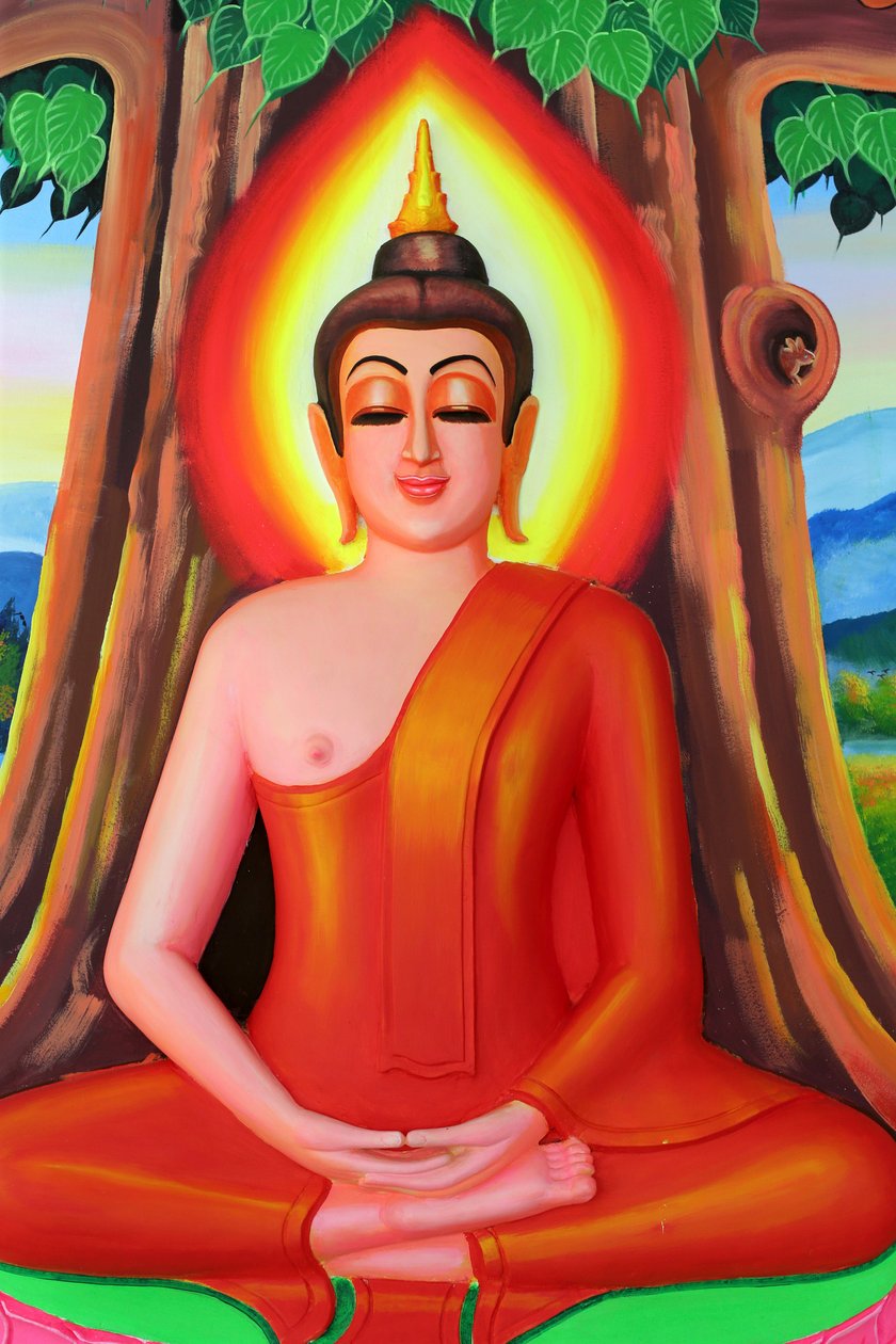 20151030, Vientiane, Laosz: Wat Si Muang (Simuong) buddhista templom. Sákjamuni Buddha élettörténetét ábrázoló festmény. Buddha meditációs pózban ül a Bodhi fa alatt alkotó: Unbekannt