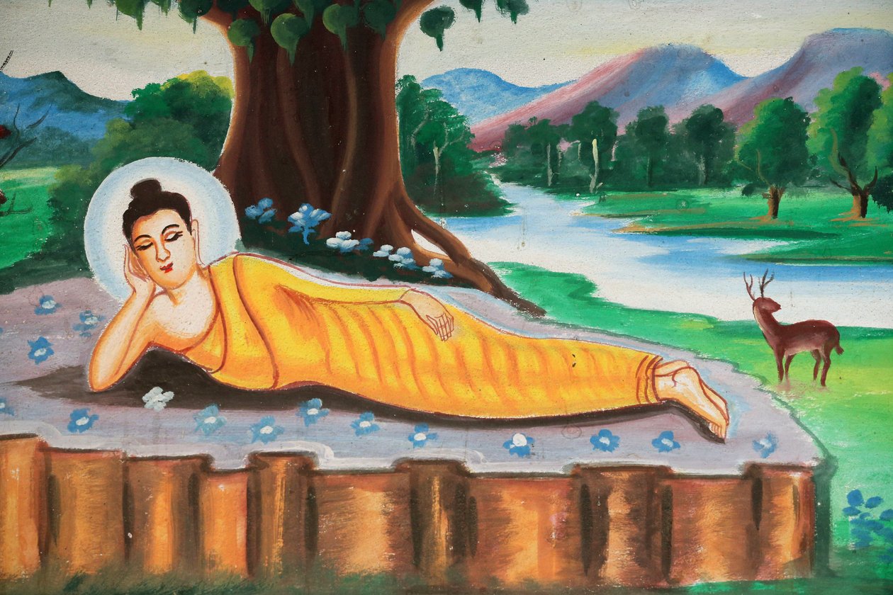 20151102, Vang Vieng, Laosz : Shakyamuni Buddha élettörténetét bemutató festmény. Fekvő Buddha alkotó: Unbekannt