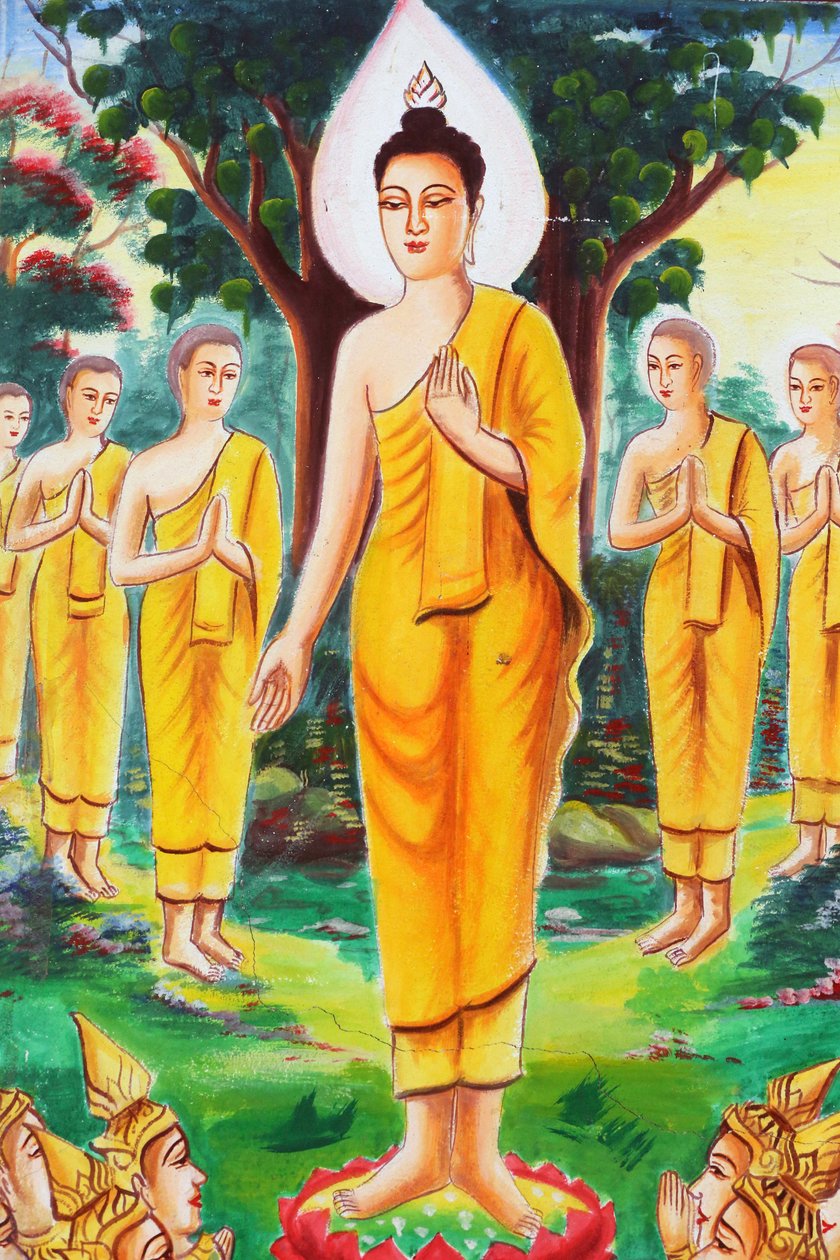 20151102, Vang Vieng, Laosz : Shakyamuni Buddha élettörténetét bemutató festmény. Buddha a tanításnak szentelte magát, több száz követőt vonzva magához alkotó: Unbekannt