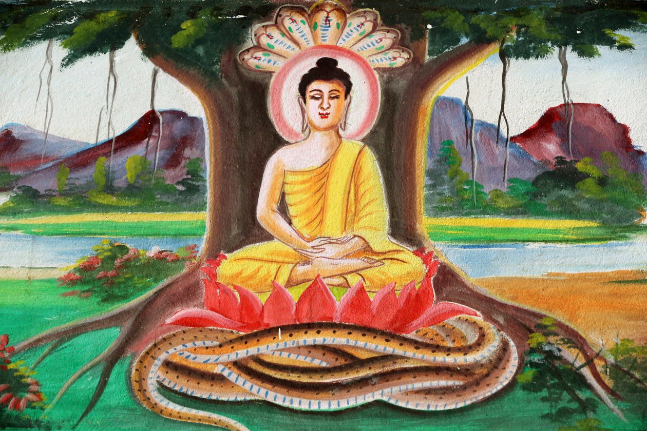 20151102, Vang Vieng, Laosz : Shakyamuni Buddha élettörténetét bemutató festmény. Buddha meditációs pózban ül a Bodhi fa alatt alkotó: Unbekannt