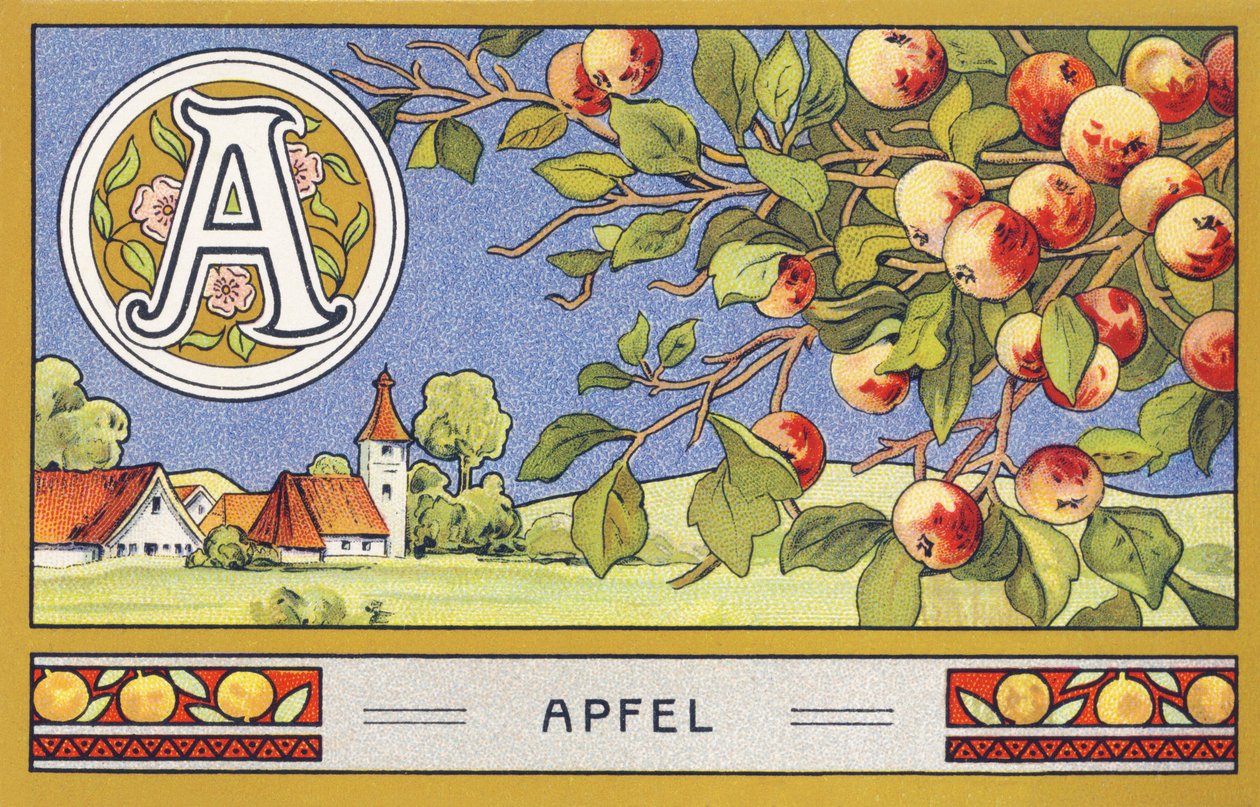 V: Apple - Alphabet Palmine. Kromolitográfiák sorozata, szerkesztette: H. Schlinck & Cie, Hamburg, p. d. . Palmin legfinomabb kókuszzsírjának reklámja. Méretek: 7 x 11 cm alkotó: Unbekannter Künstler