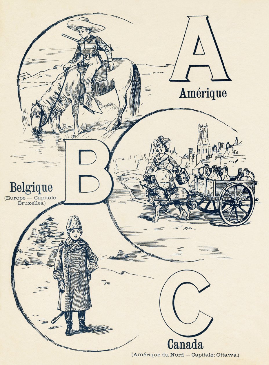 A B C: Amerika, Belgium, Kanada – a két világ ABC-je. Emile Guerin, kiadó, Párizs, 1900 körül. Méretek: 27,5 x 21,5 cm alkotó: Unbekannt