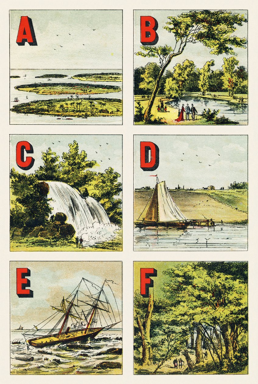 A B C D E F: szigetcsoport, Bois de Boulogne, vízesés, gát, zátony, fontainebleau-i erdő - Földrajzi ábécéből kivont metszet. Guerin-Muller et Cie, kiadók, Párizs alkotó: Unbekannt