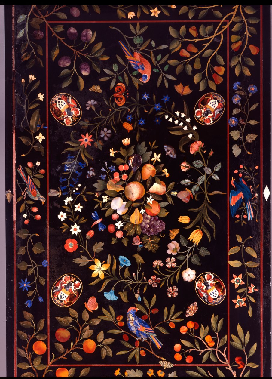 Egy firenzei pietra dura asztallap különféle márvánnyal és lapis lazulival kirakott gyümölcsökkel, 1670 körül alkotó: Unbekannt