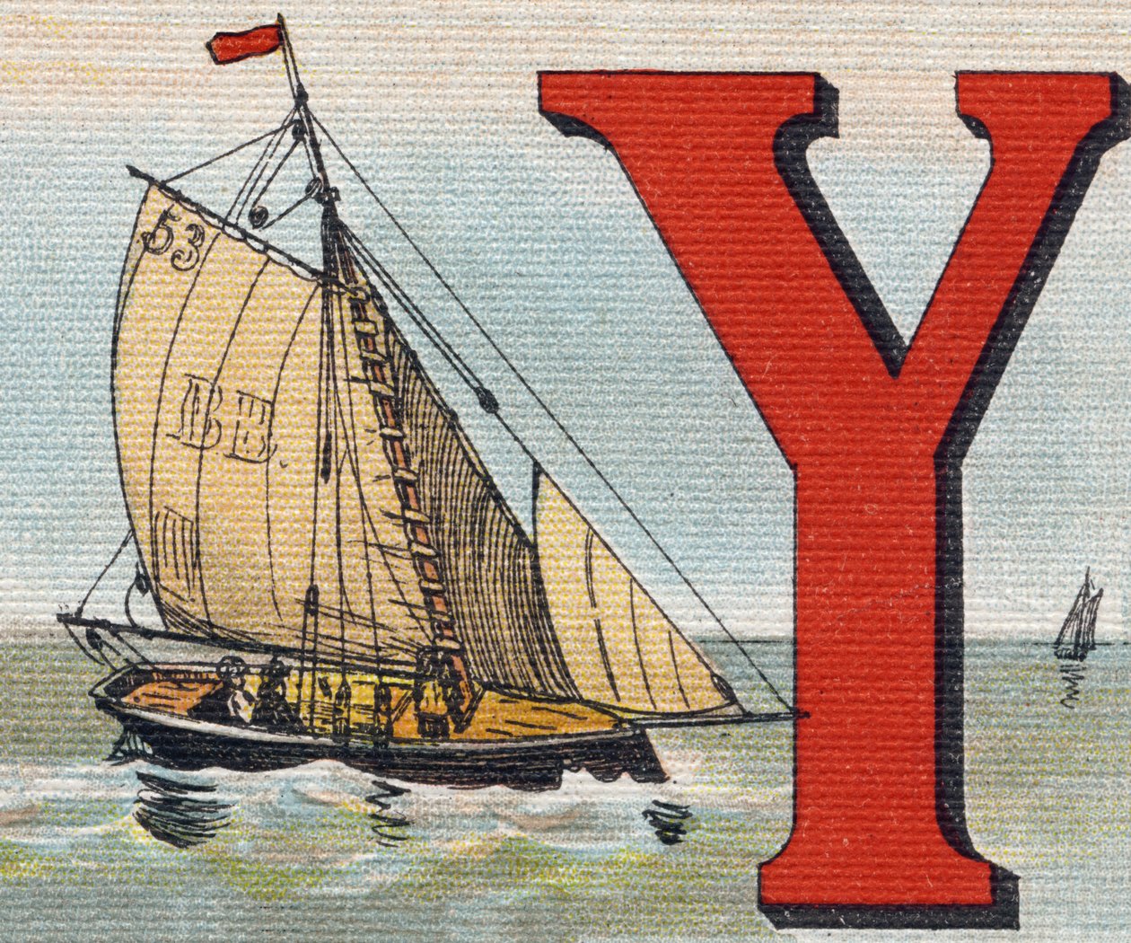 Egy Yacht. Metszet "Alphabet de ma petite fille". Bernardin-Bechet és Fils, könyvkereskedő-kiadók, Párizs, 1895 körül. Törhetetlen album vásznon. Bibliotheque des Bebes. 12 oldal. Olvasási módszert és szemléltető abeccedert tartalmazó album. Homályos: alkotó: Unbekannt