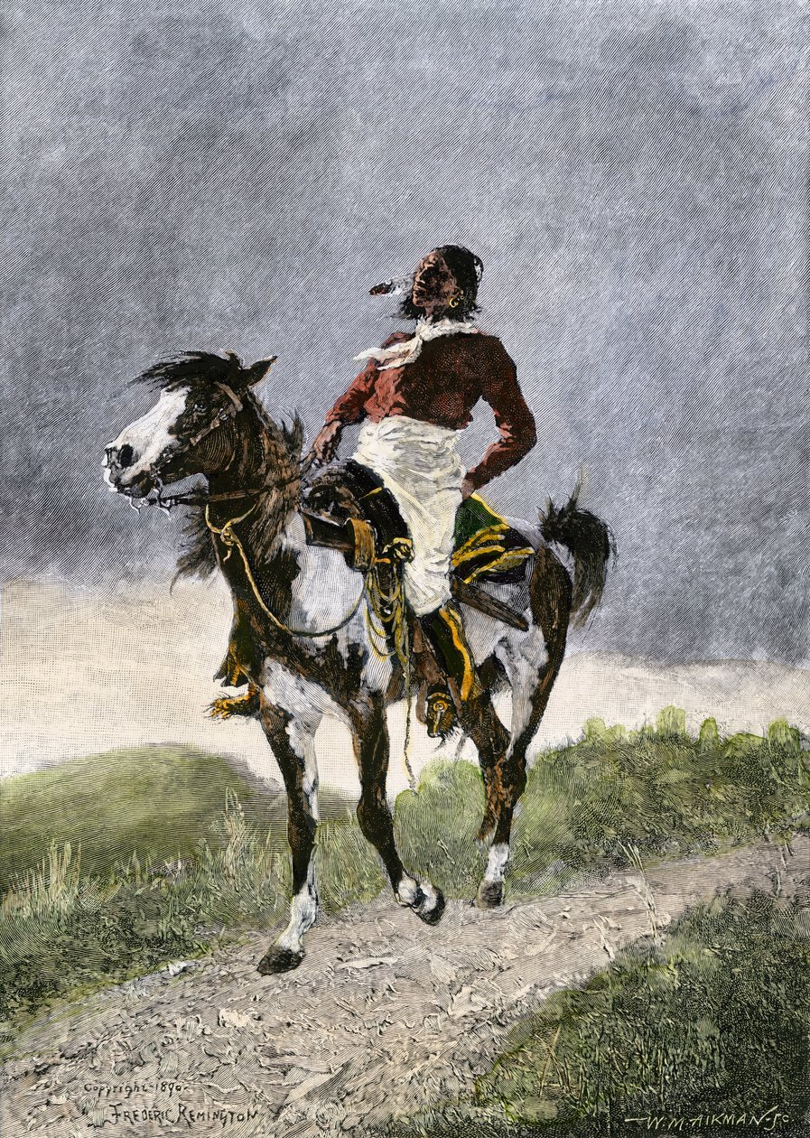 Egy bátor komancs, aki lóháton utazik a déli prérin (Texas, Oklahoma, USA), 1800 körül. Lithográfia alkotó: Unbekannter Künstler