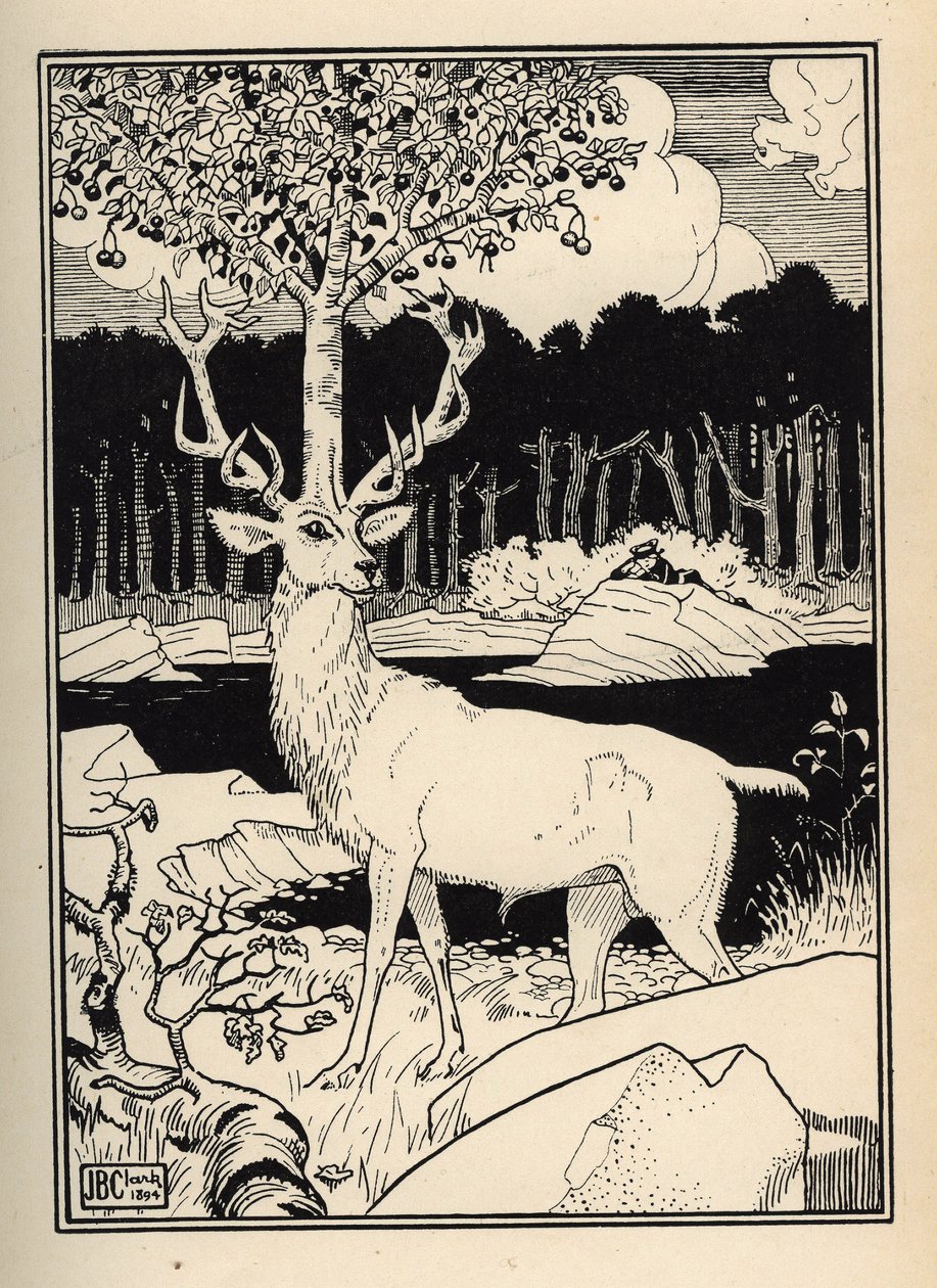 Cseresznyefa egy szarvas fején, amelyet megérintettek a cseresznye lándzsái: Baron de Munchausen Illusztráció: William Strang (1859-1921) és JB Clark, Rudolf Erich Raspe „Münchauseni báró kalandjaiból (Munchhausen)” (1736- alkotó: Unbekannt