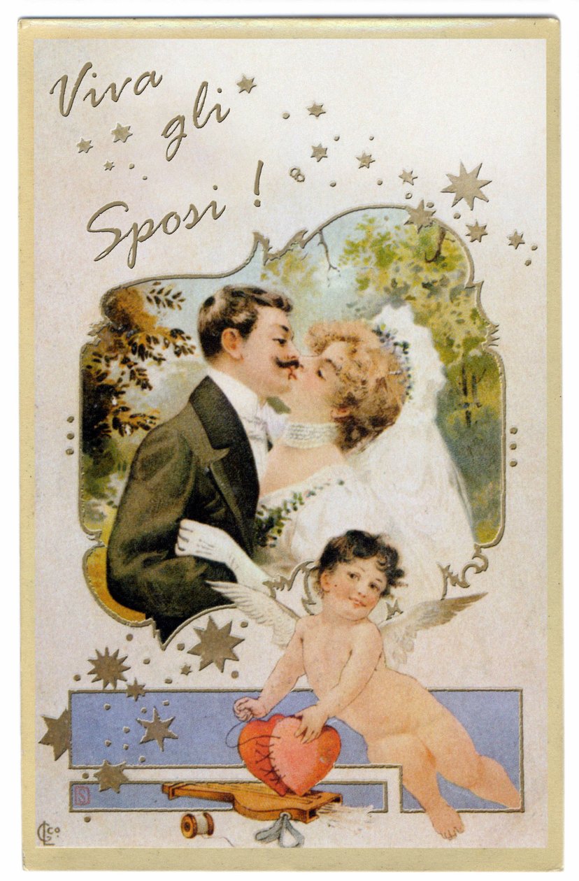 Egy friss házaspár csókolózik. "Éljenek a házasok"" 1901 körüli képeslap. alkotó: Unbekannter Künstler