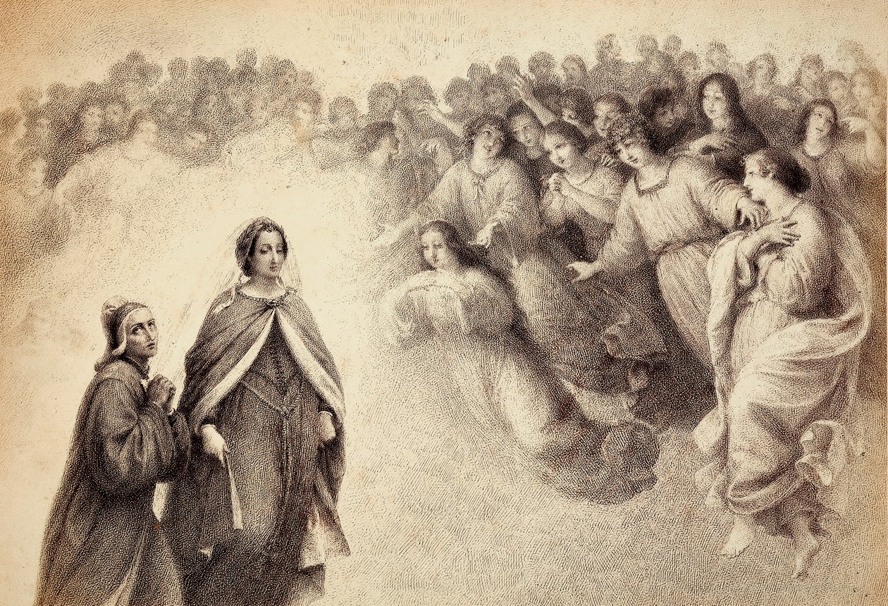 Egy csapat árnyék közeledik Dante és Beatrice felé. Illusztráció Dante Alighieri Isteni komédiája Paradiso című művének V. énekéhez. Franceso Scaramuzza műve, amelyet a firenzei önkormányzatnak szentelt. alkotó: Unbekannter Künstler