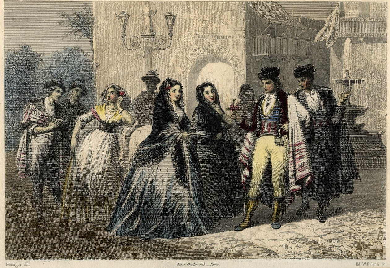 Galante jelenet Mallorcán (Mallorca, Mallorca), egy fiatal férfi virágot kínál egy lánynak. Louis Enault (1824-1900) francia újságíró és utazó Mediterráneumról szóló könyvében. alkotó: Unbekannter Künstler