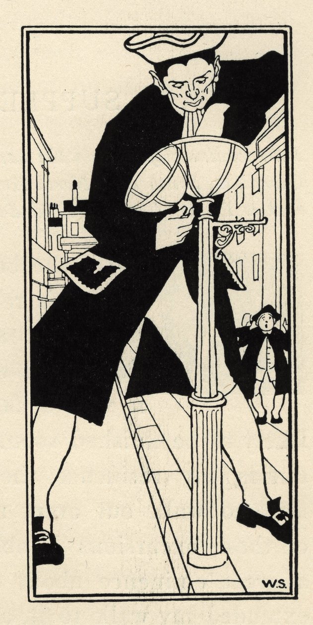 Egy óriás, akit de Münchausen báró hozott az angliai Sajt-szigetről, létra nélkül világítja meg az utcai lámpákat. Illusztráció: William Strang (1859-1921) és JB Clark „A münchauseni báró (Munchhausen) kalandjai, Rudolf Erich Ra alkotó: Unbekannt