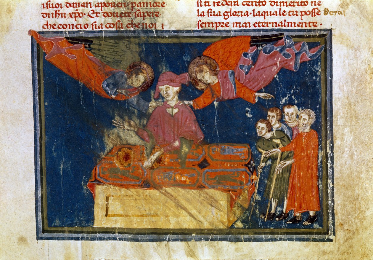 Egy csoport gyengélkedő ember és egy úr, aki irgalmassági művet végez azzal, hogy segítséget nyújt nekik. Miniatúra a "The Works of Merciord"-ból (ms. II, VI alkotó: Unbekannter Künstler
